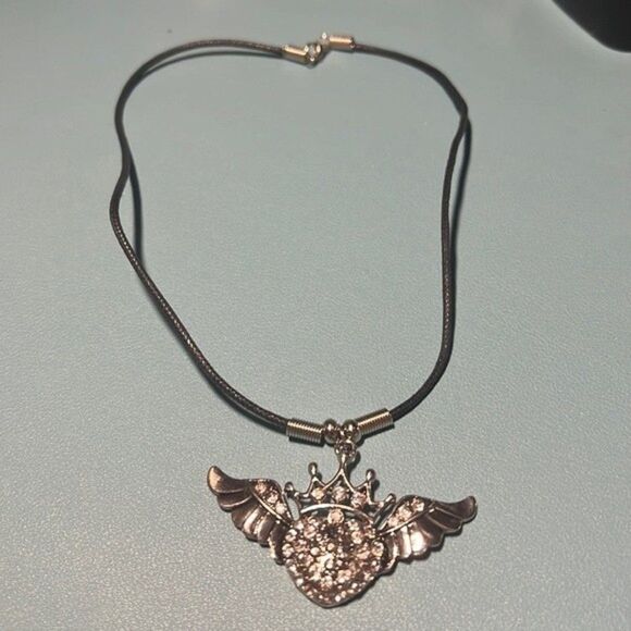 Handcrafted Heart with Wings Pendant on Rope necklace - Picture 1 of 2
